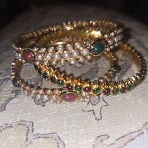 Gold Pearl and Gemstone Women's Bangle Bracelet - Green & Pink